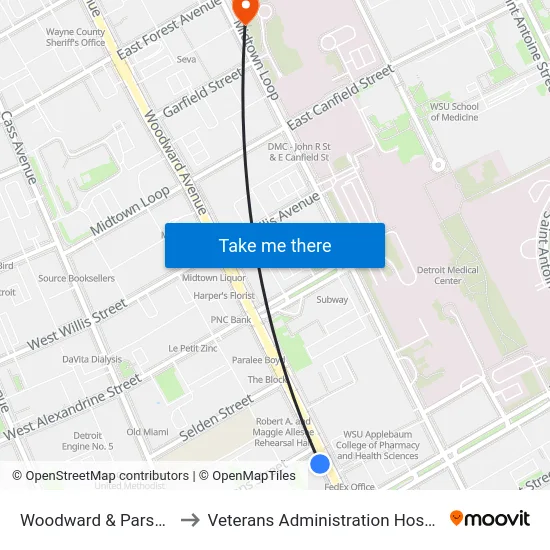 Woodward & Parsons to Veterans Administration Hospital map