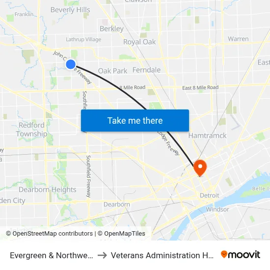 Evergreen & Northwestern to Veterans Administration Hospital map
