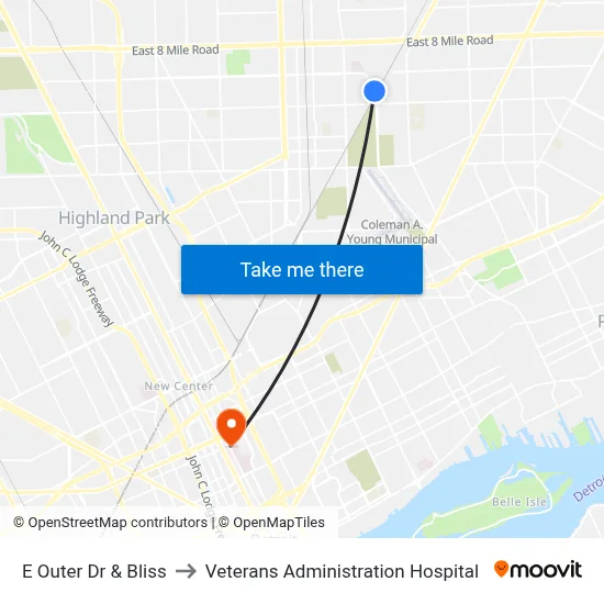 E Outer Dr & Bliss to Veterans Administration Hospital map