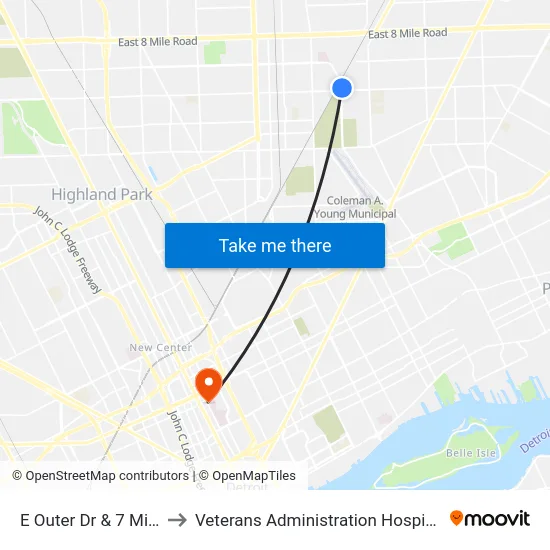 E Outer Dr & 7 Mile to Veterans Administration Hospital map