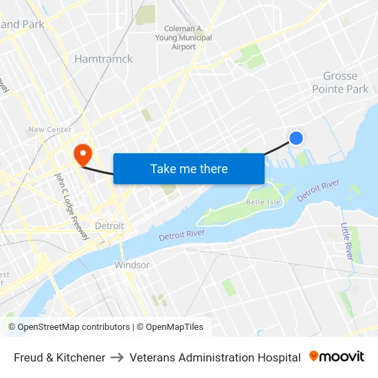 Freud & Kitchener to Veterans Administration Hospital map