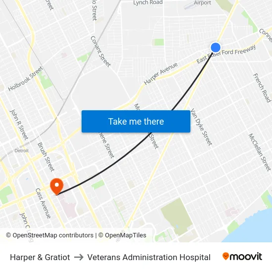 Harper & Gratiot to Veterans Administration Hospital map