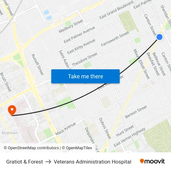 Gratiot & Forest to Veterans Administration Hospital map