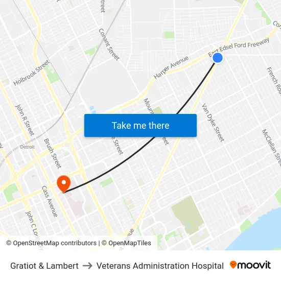 Gratiot & Lambert to Veterans Administration Hospital map