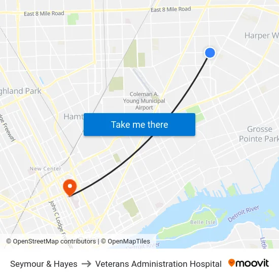 Seymour & Hayes to Veterans Administration Hospital map