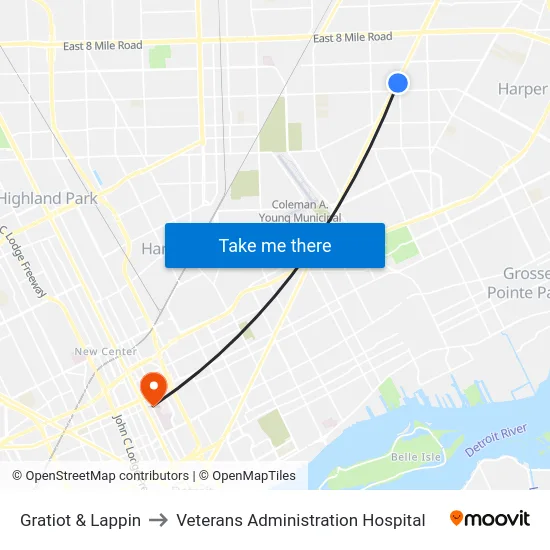 Gratiot & Lappin to Veterans Administration Hospital map