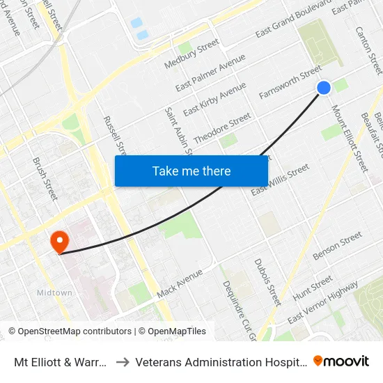 Mt Elliott & Warren to Veterans Administration Hospital map