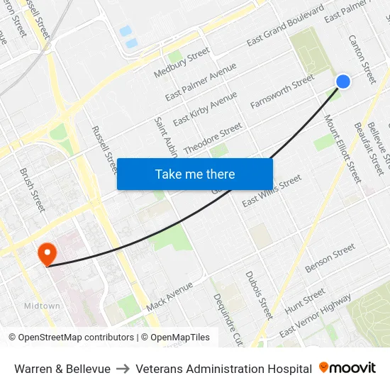 Warren & Bellevue to Veterans Administration Hospital map