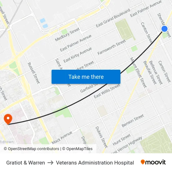 Gratiot & Warren to Veterans Administration Hospital map