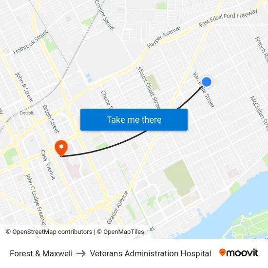 Forest & Maxwell to Veterans Administration Hospital map