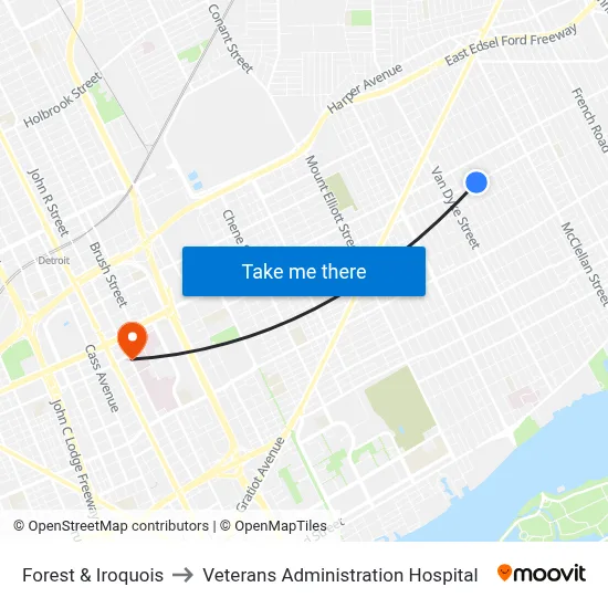 Forest & Iroquois to Veterans Administration Hospital map