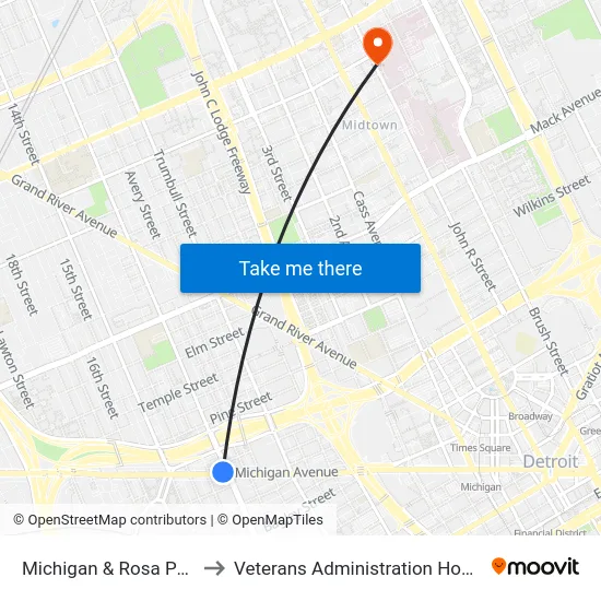 Michigan & Rosa Parks to Veterans Administration Hospital map