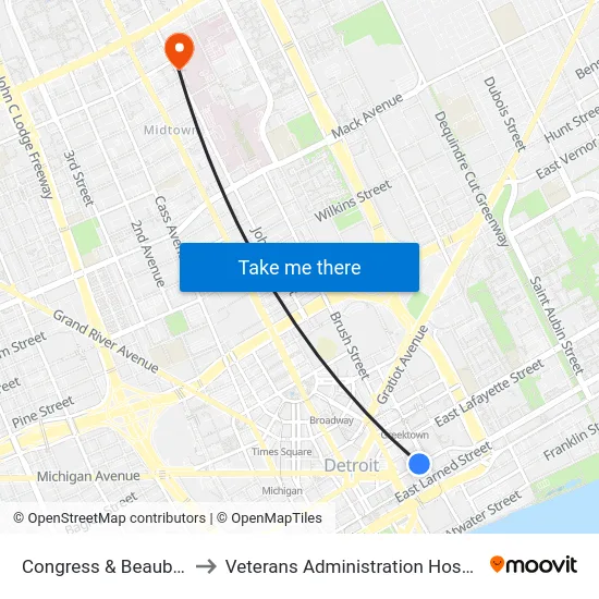 Congress & Beaubien to Veterans Administration Hospital map
