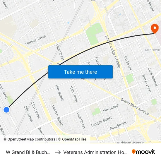 W Grand Bl & Buchanan to Veterans Administration Hospital map