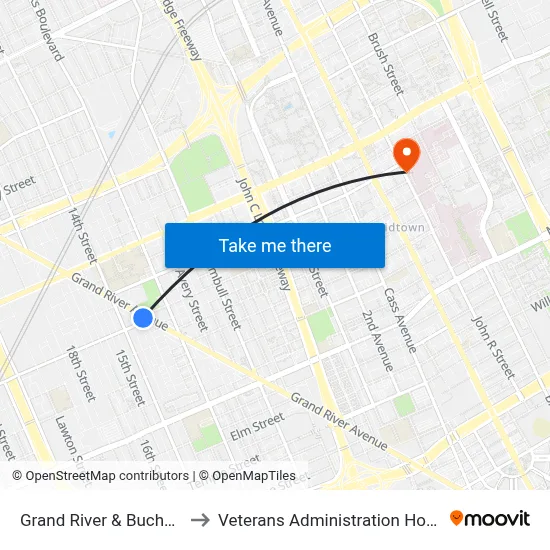 Grand River & Buchanan to Veterans Administration Hospital map