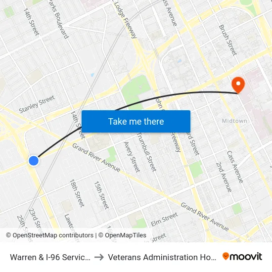 Warren & I-96 Service Dr to Veterans Administration Hospital map