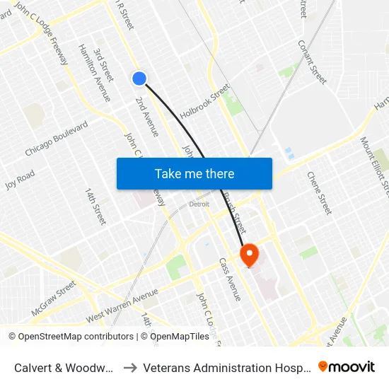 Calvert & Woodward to Veterans Administration Hospital map