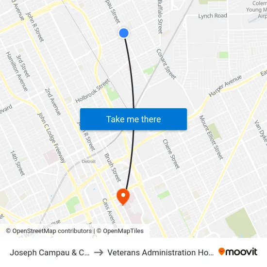 Joseph Campau & Caniff to Veterans Administration Hospital map