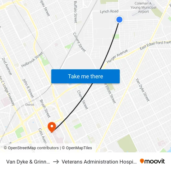 Van Dyke & Grinnell to Veterans Administration Hospital map