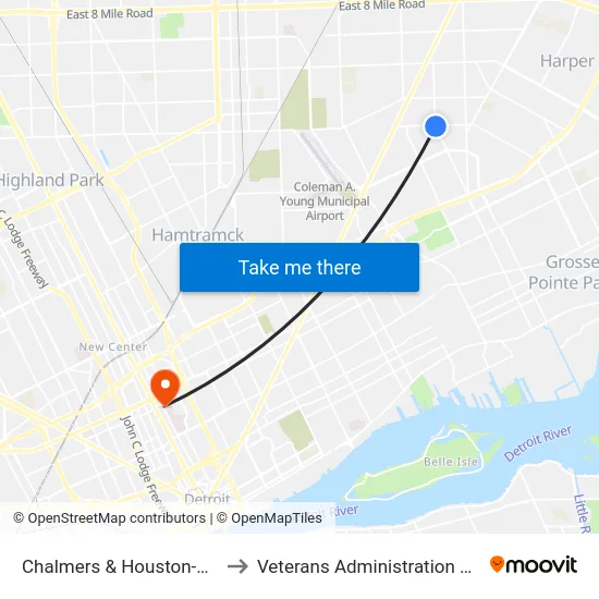 Chalmers & Houston-Whittier to Veterans Administration Hospital map