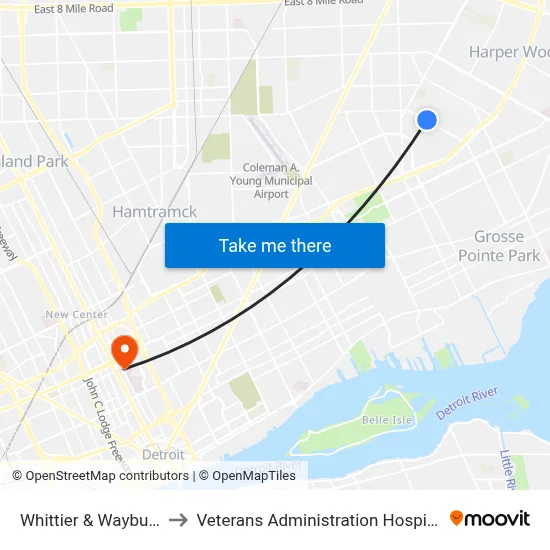 Whittier & Wayburn to Veterans Administration Hospital map