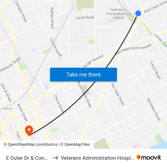 E Outer Dr & Conner to Veterans Administration Hospital map