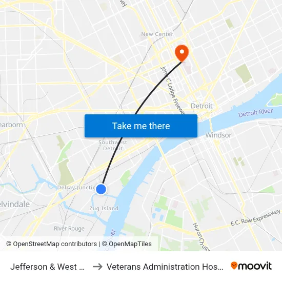 Jefferson & West End to Veterans Administration Hospital map