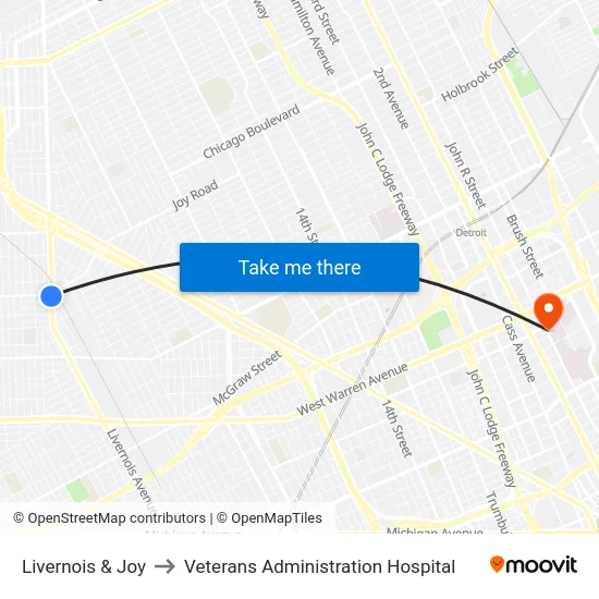 Livernois & Joy to Veterans Administration Hospital map