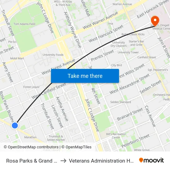 Rosa Parks & Grand River to Veterans Administration Hospital map