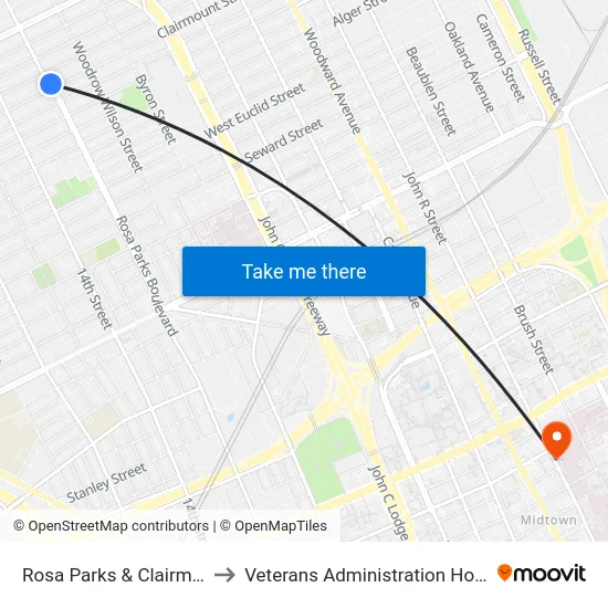 Rosa Parks & Clairmount to Veterans Administration Hospital map