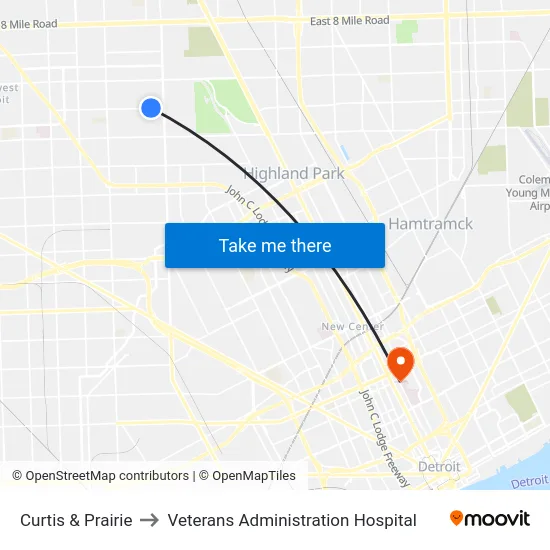 Curtis & Prairie to Veterans Administration Hospital map