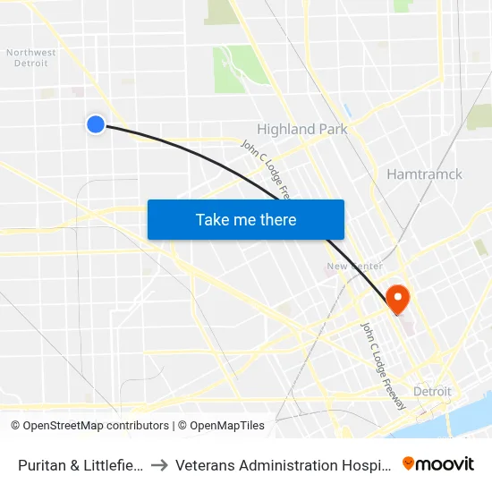 Puritan & Littlefield to Veterans Administration Hospital map