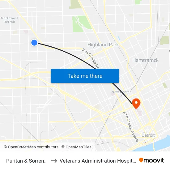 Puritan & Sorrento to Veterans Administration Hospital map