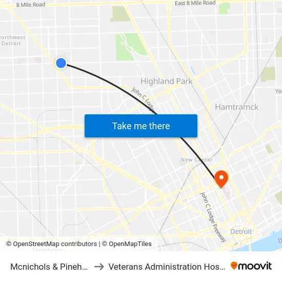 Mcnichols & Pinehurst to Veterans Administration Hospital map