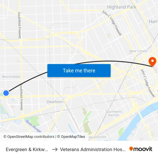 Evergreen & Kirkwood to Veterans Administration Hospital map