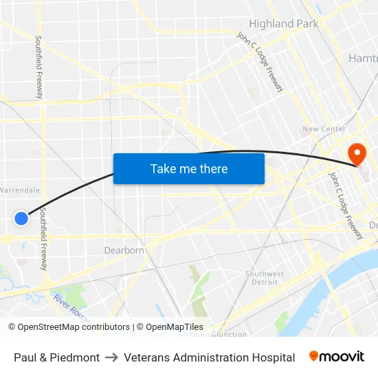 Paul & Piedmont to Veterans Administration Hospital map