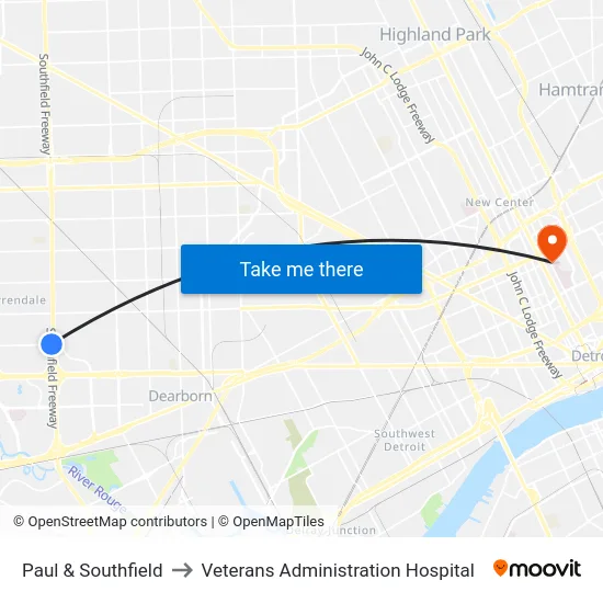 Paul & Southfield to Veterans Administration Hospital map