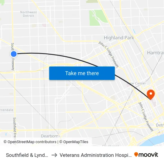 Southfield & Lyndon to Veterans Administration Hospital map
