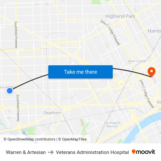Warren & Artesian to Veterans Administration Hospital map