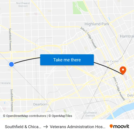 Southfield & Chicago to Veterans Administration Hospital map
