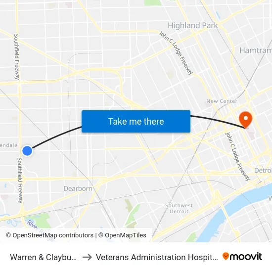 Warren & Clayburn to Veterans Administration Hospital map