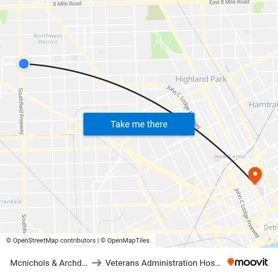 Mcnichols & Archdale to Veterans Administration Hospital map