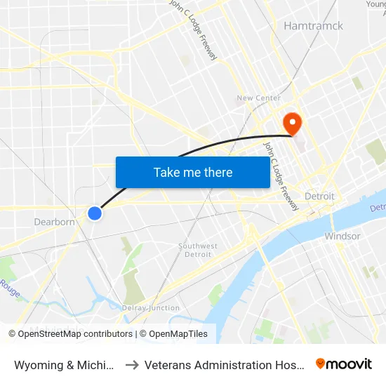 Wyoming & Michigan to Veterans Administration Hospital map