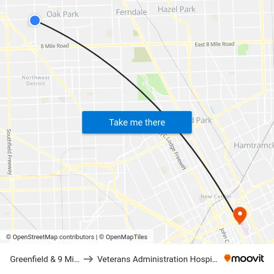 Greenfield & 9 Mile to Veterans Administration Hospital map