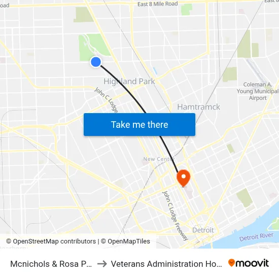 Mcnichols & Rosa Parks to Veterans Administration Hospital map