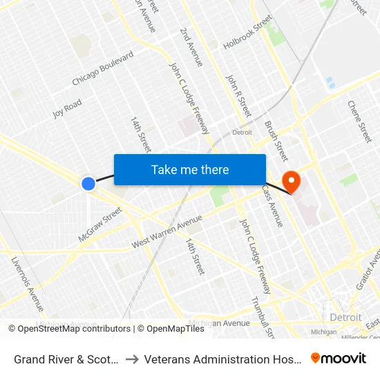 Grand River & Scotten to Veterans Administration Hospital map