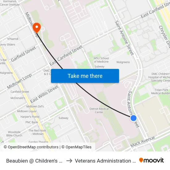 Beaubien @ Children's Hospital to Veterans Administration Hospital map