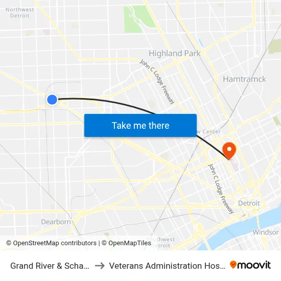 Grand River & Schaefer to Veterans Administration Hospital map