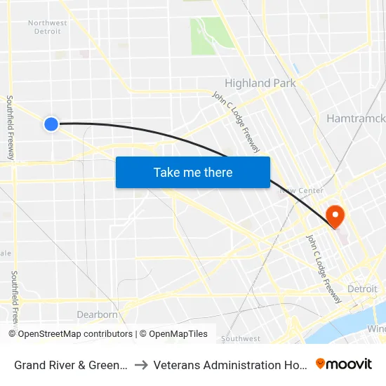 Grand River & Greenfield to Veterans Administration Hospital map
