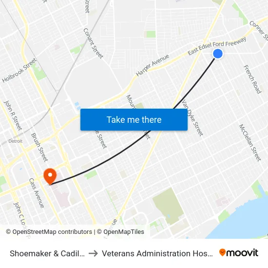 Shoemaker & Cadillac to Veterans Administration Hospital map